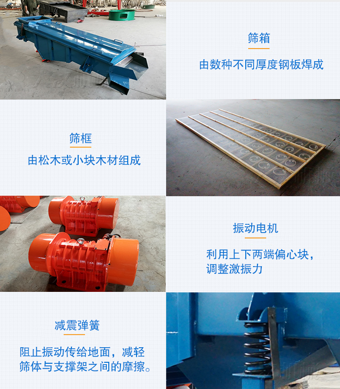 小型直線篩篩箱，篩框，振動(dòng)電機(jī)，彈簧等部件圖片展示